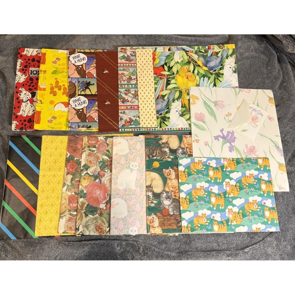 Vintage Wrapping Paper Lot 14 Designs Cats Floral Birds Novelty Gift Wrap